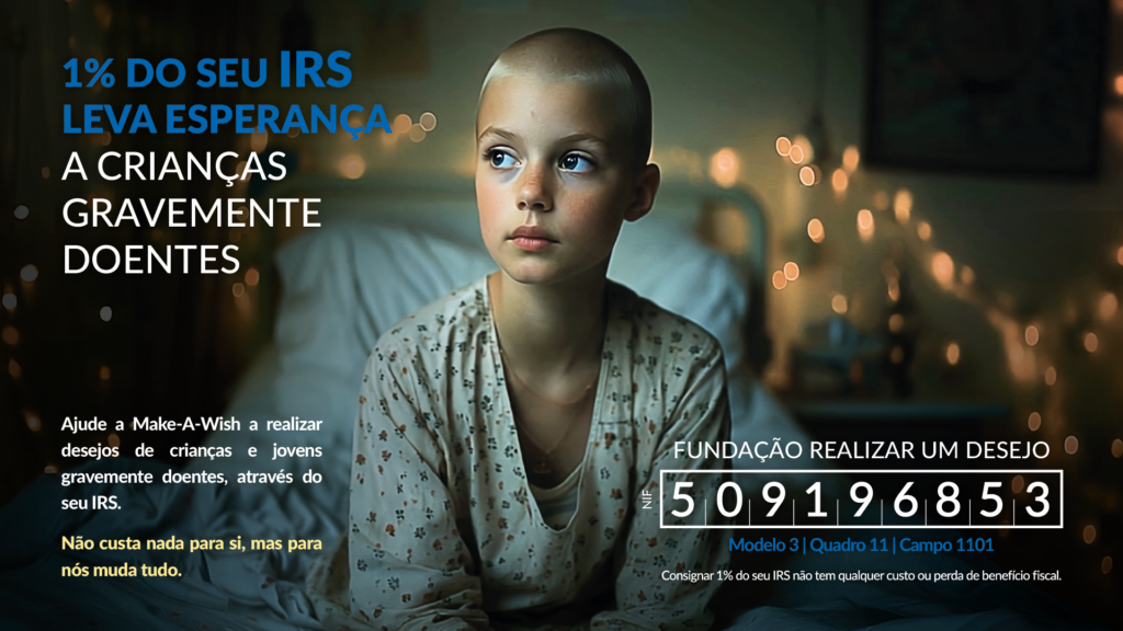 criança gravemente doente, sentada em cama de hospital a olhar para o lado com um ar triste mas esperançoso; luzinhas no fundo; NIF da Make-A-Wish: 509 196 853