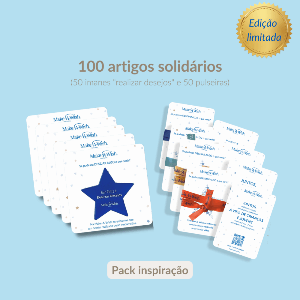Pack Inspiração | 100 artigos solidários:  50 ímanes “Realizar Desejos” e 50 pulseiras