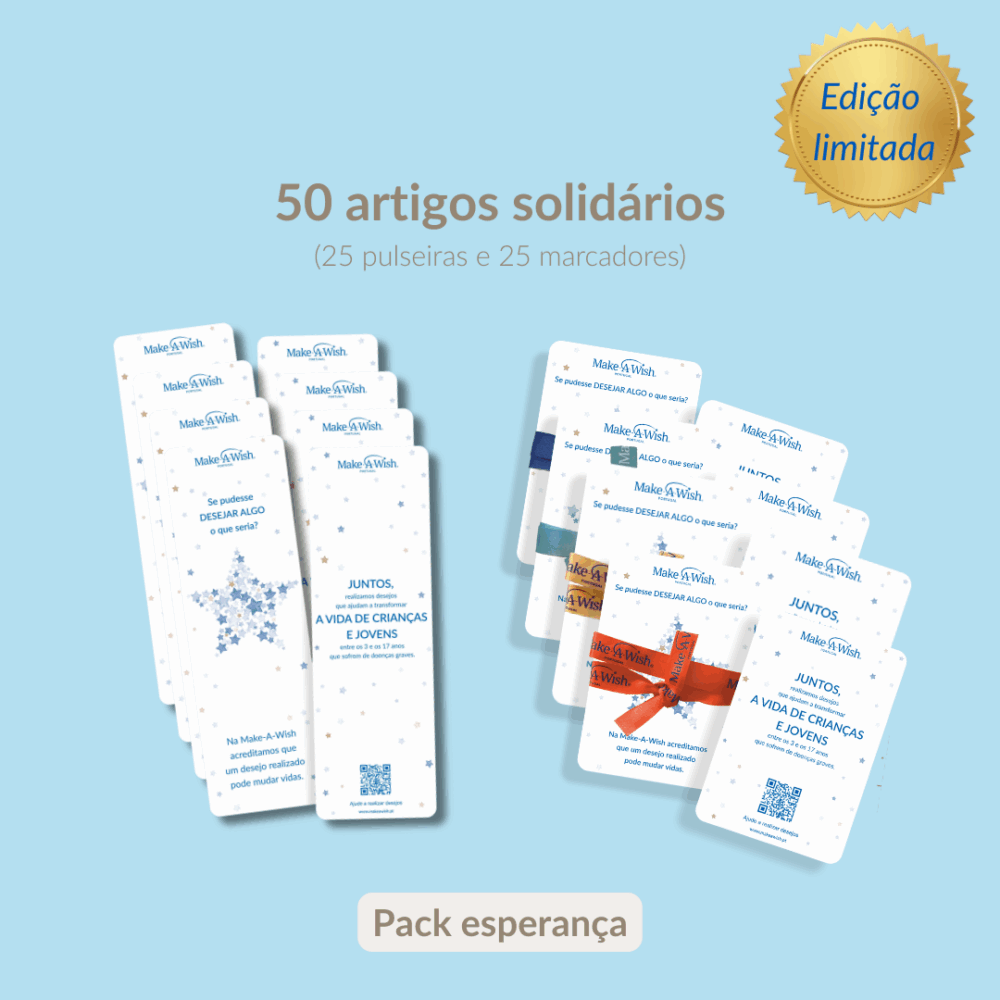 Pack Esperança | 50 artigos solidários: 25 pulseiras e 25 marcadores